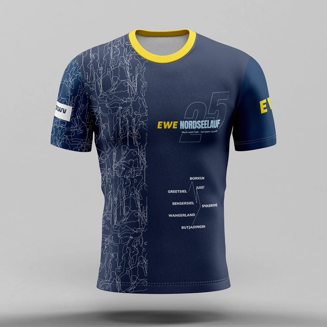 Funktions-Shirt 2027, Vorderseite: Navy mit gelbem Kragen, EWE-Nordseelauf-Logo mit großer 25 und den sieben Etappenorten