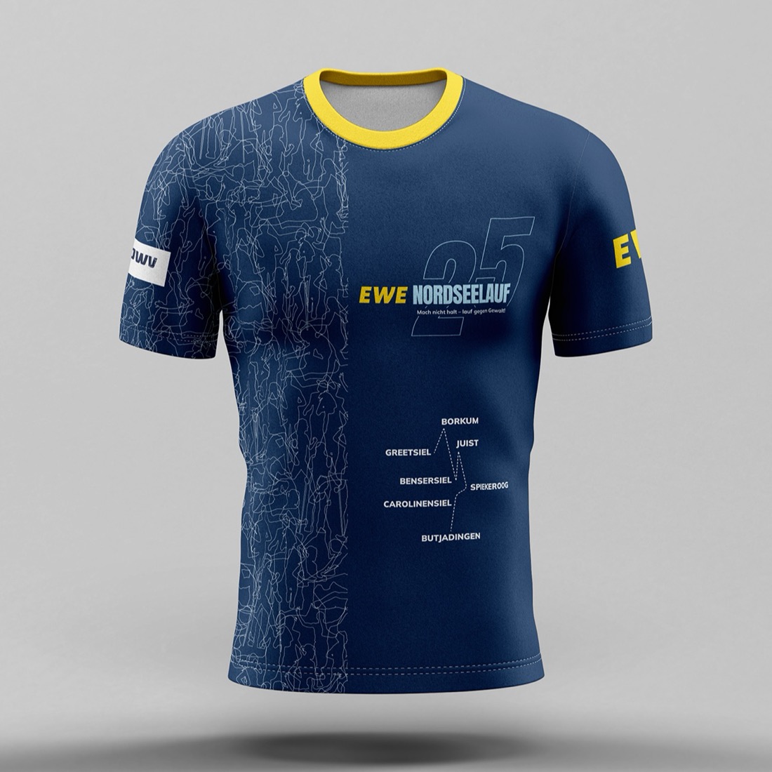 Das Funktions-Shirt 2027: Navy mit gelbem Kragen, Jubiläumslogo und Läufer-Muster