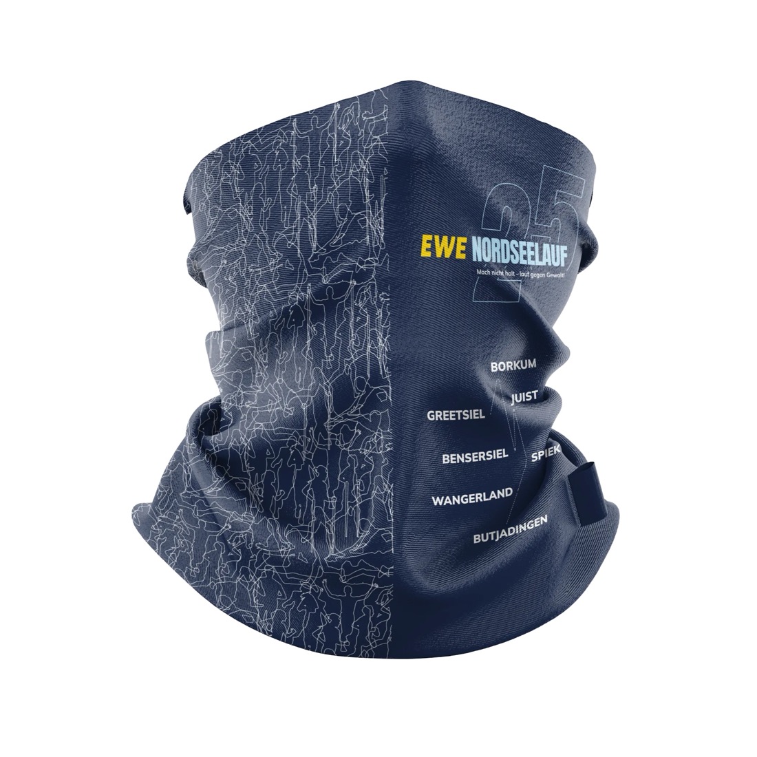 Funktions-Tuch 2027: Navy mit Muster aus gezeichneten Läufern und Walkern, EWE-Nordseelauf-Logo mit der 25 und den sieben Etappenorten